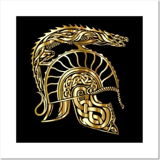 Gold Spartan Dragon Helmet Gladiator Design Posters and Art